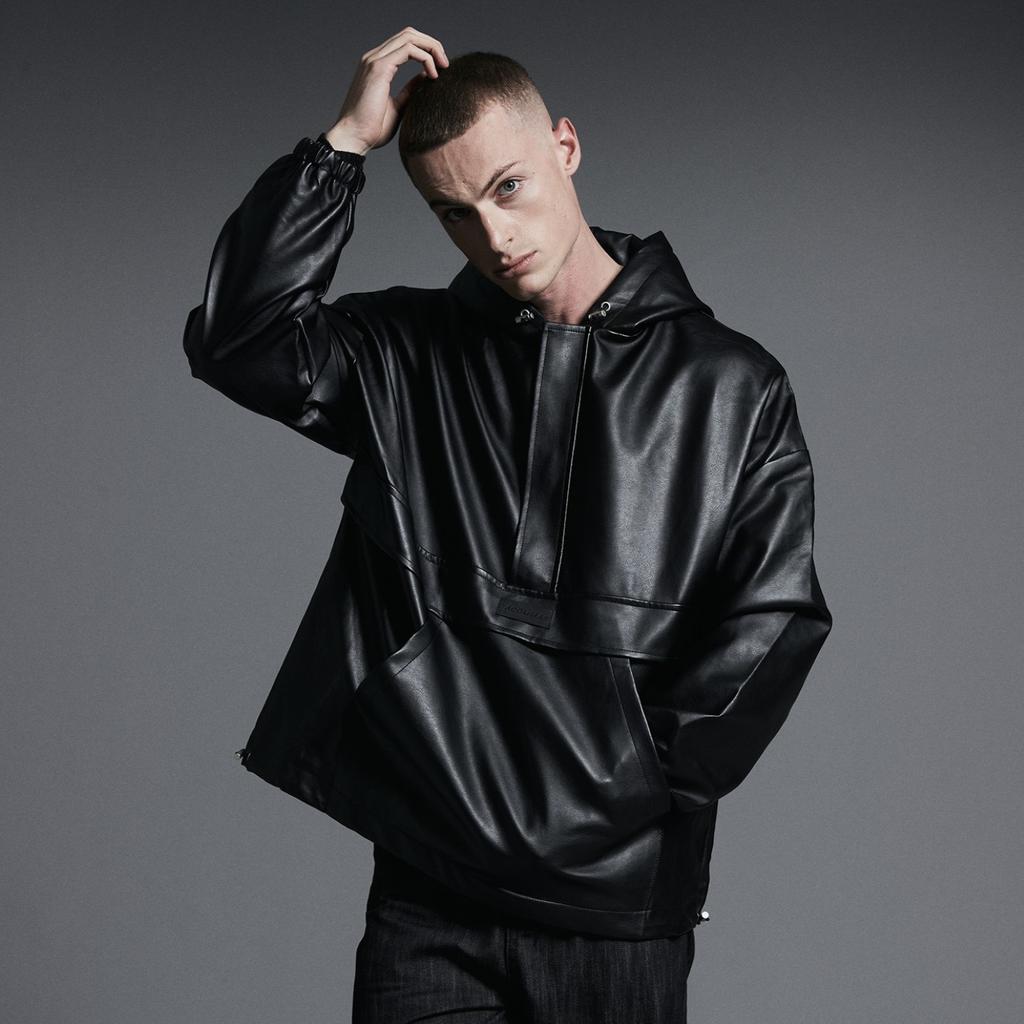 Apostrophe Comma Leather Patch Anorak Hoodie Leather Jacket_Black