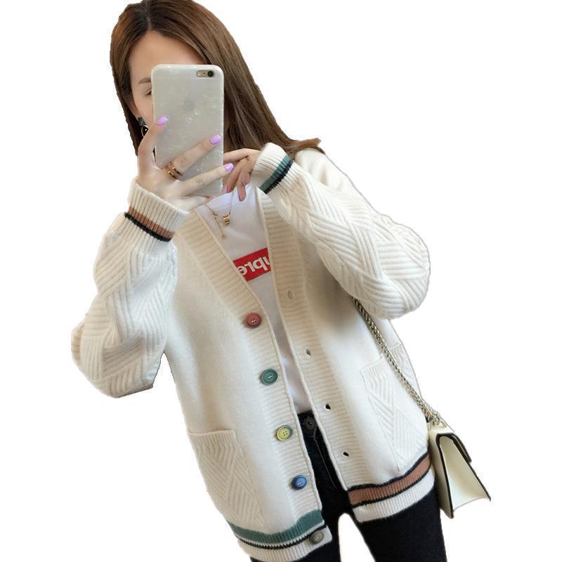 College style pocket sweater jacket women's color buckle striped design contrasting color V-neck long-sleeved outer knitted cardigan