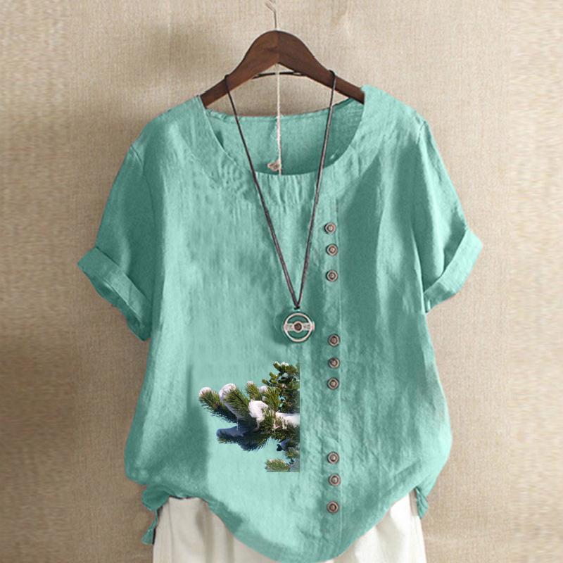 Women's Fashion Round Neck Short Sleeve T-shirt Casual Cotton Linen Graphic Shirt Leisure Loose Tree Prined Summer Blouse Tops