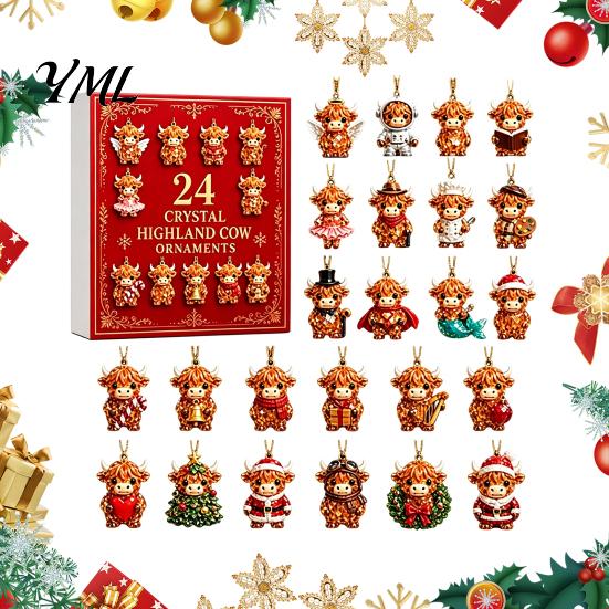 Reusable Christmas Pendant Set Highland Cow Advent Calendar, 24 Pcs Acrylic Hanging Ornaments for Creative Calendar Gift Tree Decoration, Festive