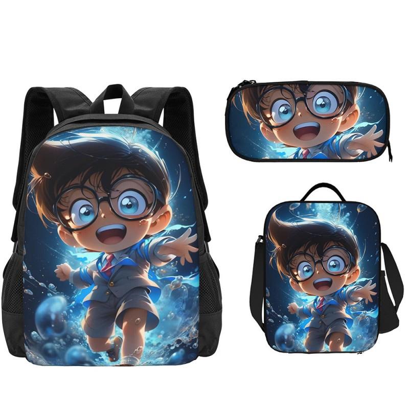 Detective Conan Anime Backpack Set Kids 3-Piece School Bag Crossbody Pencil Case Waterproof Cute Cartoon Design