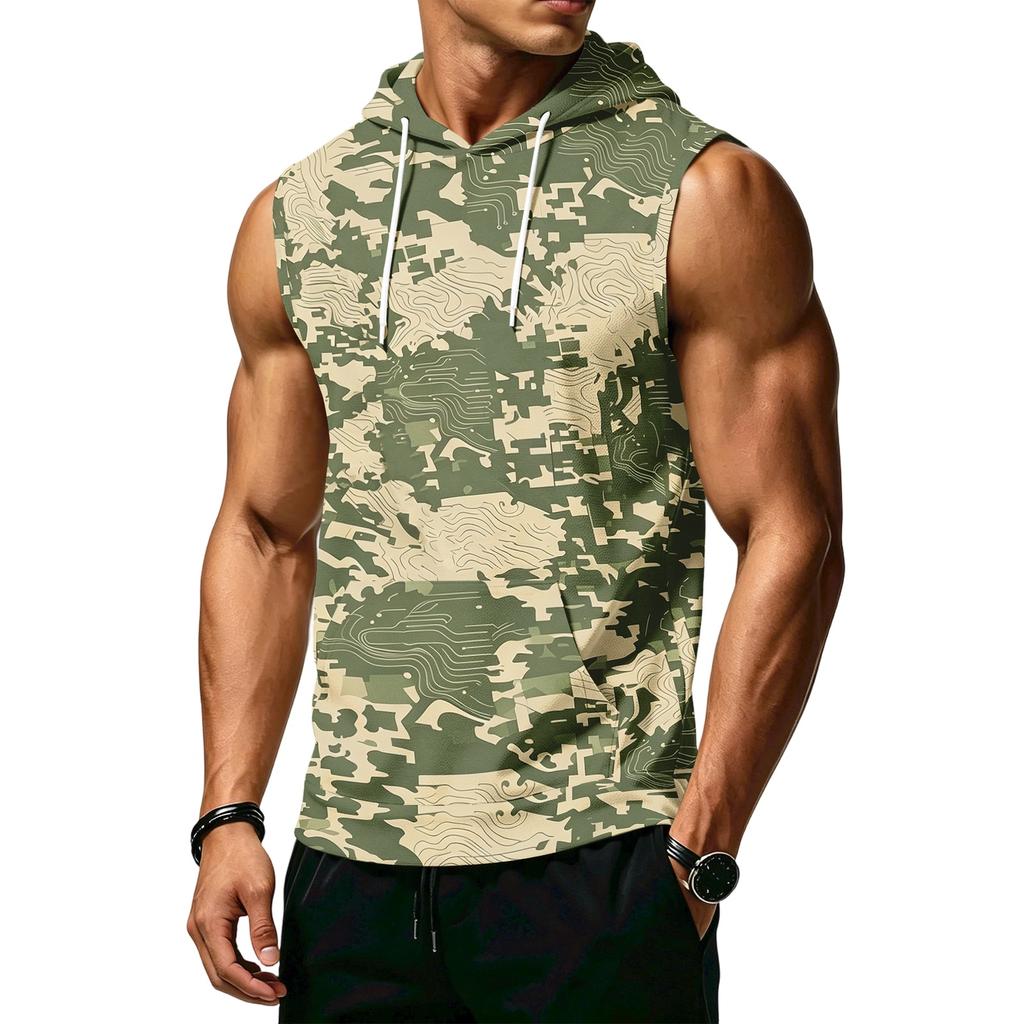 Mens Sleeveless Hoodie Camouflage Pattern Drawstring Hooded Vest with Kangaroo Pocket Relaxed Fit Sportswear Top
