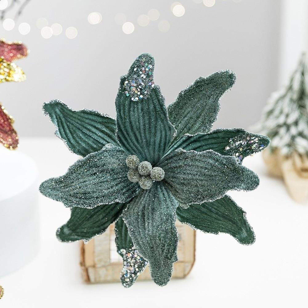 Faux Velvet Artificial Christmas Flower with Glitter Vibrant Color Christmas Tree Wreath 26cm DIY Poinsettia Flower Decor
