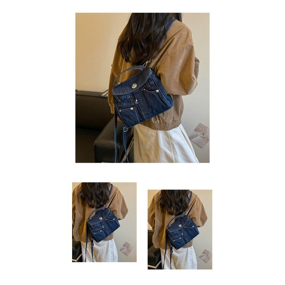 Women Vintage Multi Pocket Denim Backpack with Adjustable Strap for Daily Commute