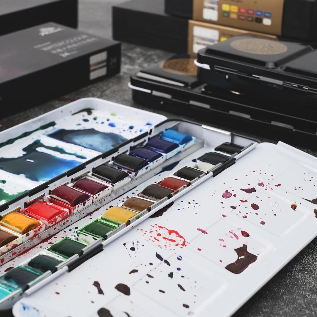 PHOENIX Professional Watercolor Paint Set 24 Color Half Pans Professional Quality Pigment Watercolors in Tin Box with Palette Compact Portable Travel