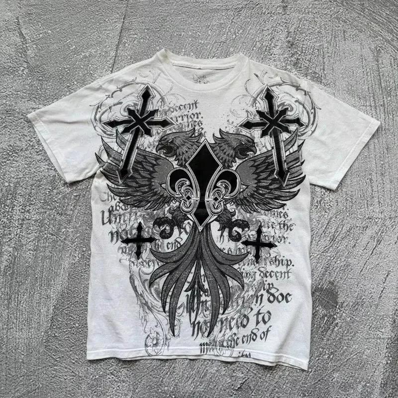 2000s affliction Retro T-shirts Men Grunge Cyber Goth Emo Skull Tees E-girl Graphic Print Short Sleeve Tops Vintage Streetwear