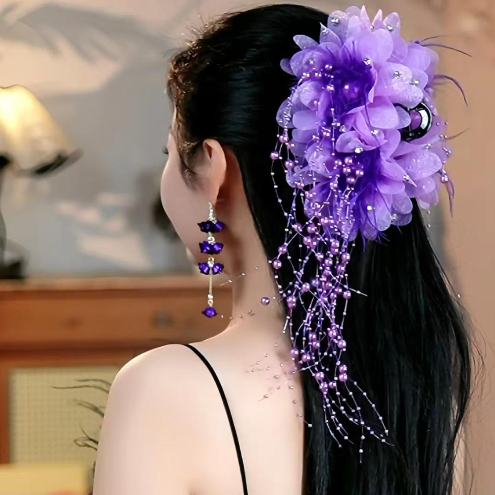 

Fashion Cloth Grasping Clip Tassel Four Flowers Hair Claw Feather Flower Pearls Hair Accessories for Girl