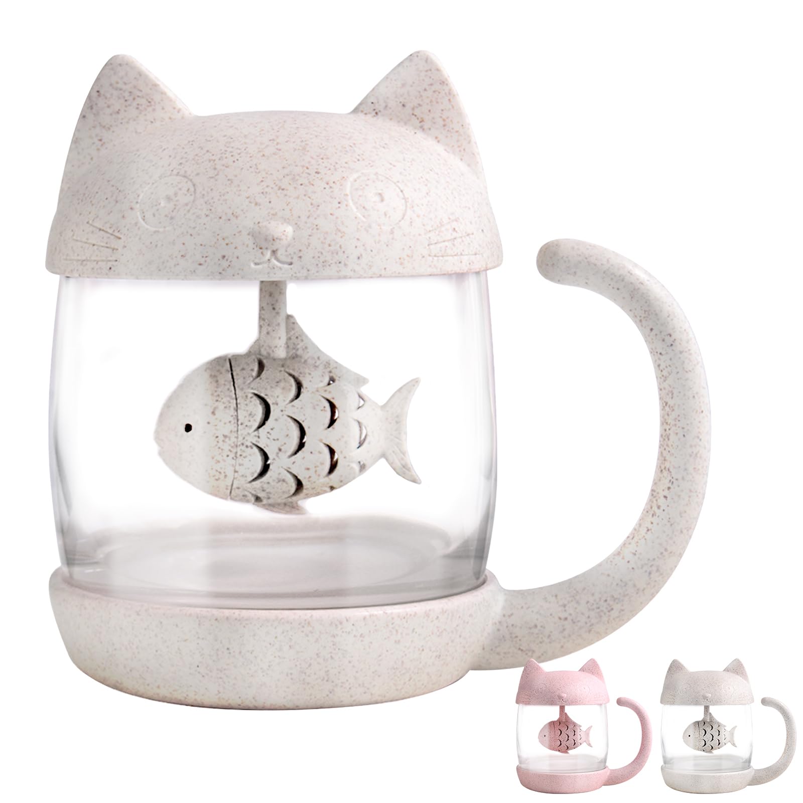 

BigNoseDeer Cat Tea Mug with Strainer, Cat Coffee Mug (Glass Mug, Lid, and Strainer Included) (White)