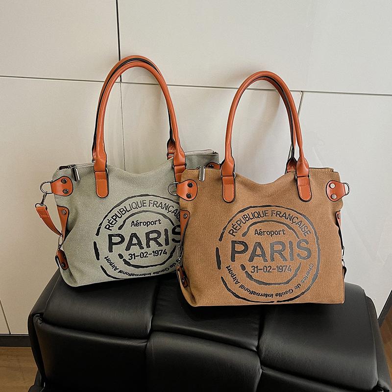 Casual Large-capacity Canvas Bag Women's 2026 New Fashion Commuter Shoulder Messenger Bag Contrasting Color Portable Tote Bag