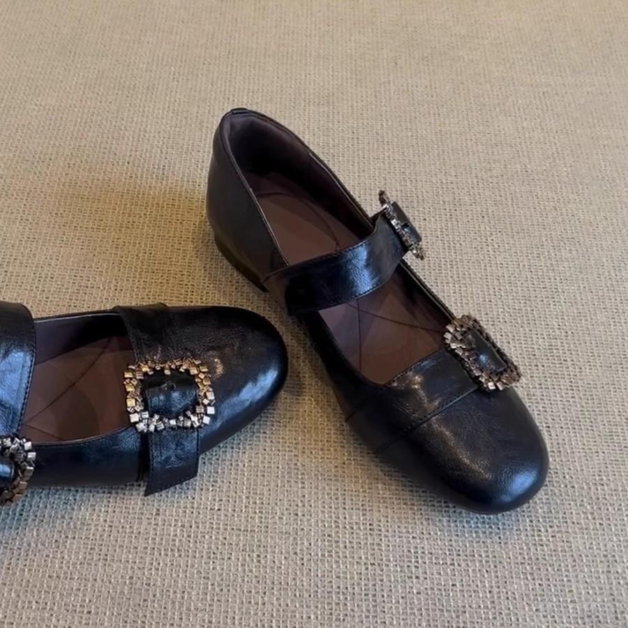 Sheepskin Version~ Retro Metal Square Buckle Mary Jane Small Leather Shoes Low Heel Round Head Leather Word with Shallow Mouth Single Shoes Women