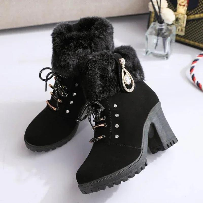 Wildleder Damenstiefel Winter Casual High Heels Schuhe für Damen Neu Kurzes Plüsch High Platform Stiefeletten Vielseitige Kurze Botas Mujer