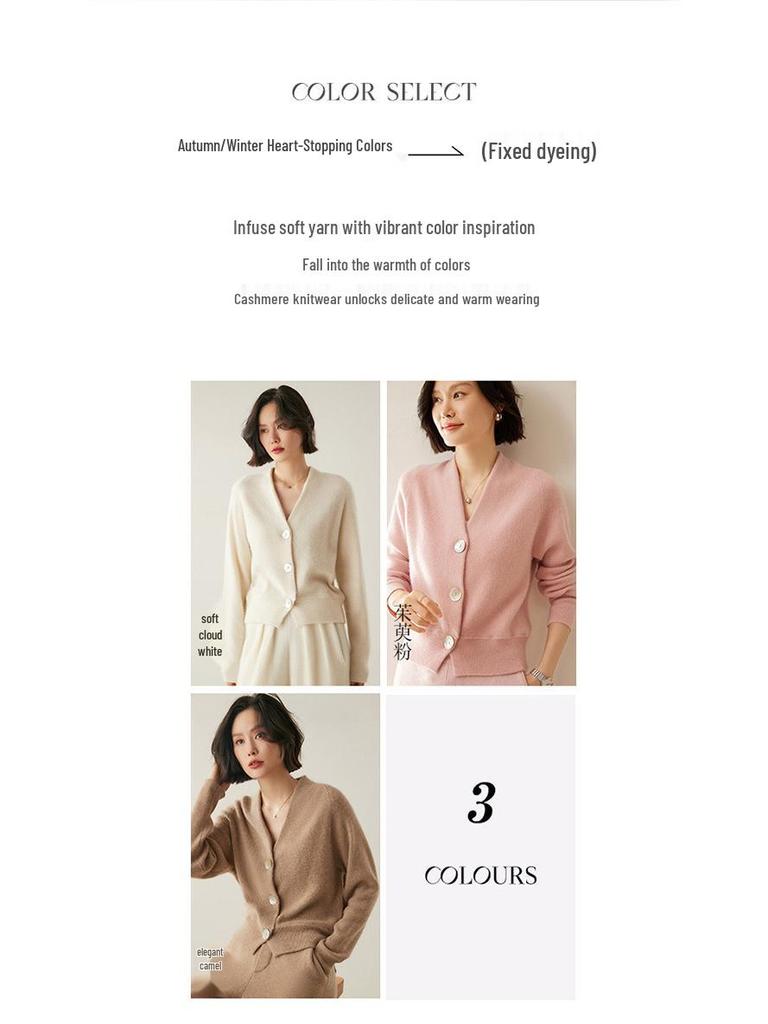 Women's V-Neck Cashmere Cardigan with Shell Buttons - Waist-Cinching, Long-Sleeve Knit Sweater