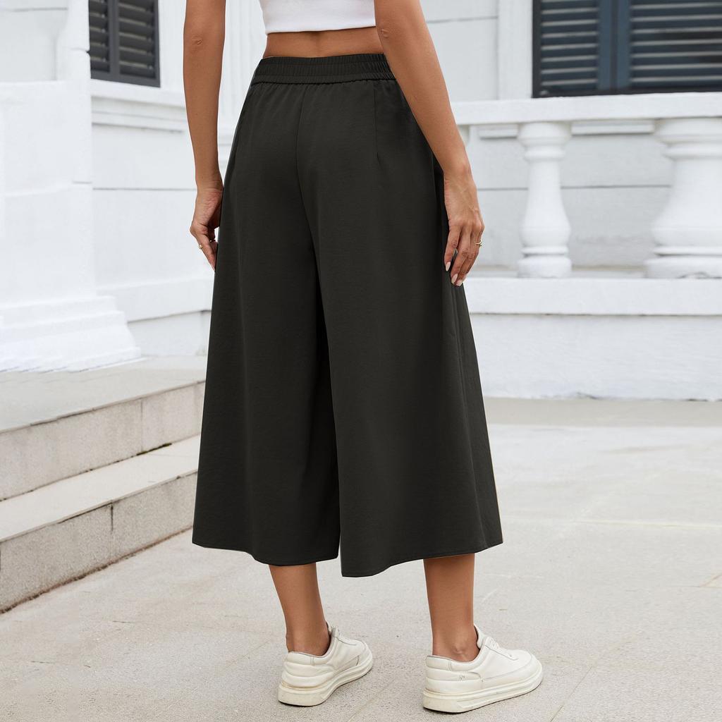 Women's Fashion Color Loose Wide Leg Pants Elastic Waist Pockets High,Waisted Skirt Pants