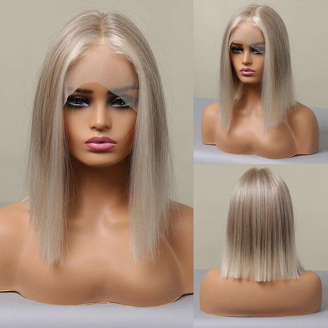Shoulder Length Straight Lace Wigs Brown Dark Roots Silky Party Synthetic Hair Natural Soft Daily Wigs for Women Heat Resistant