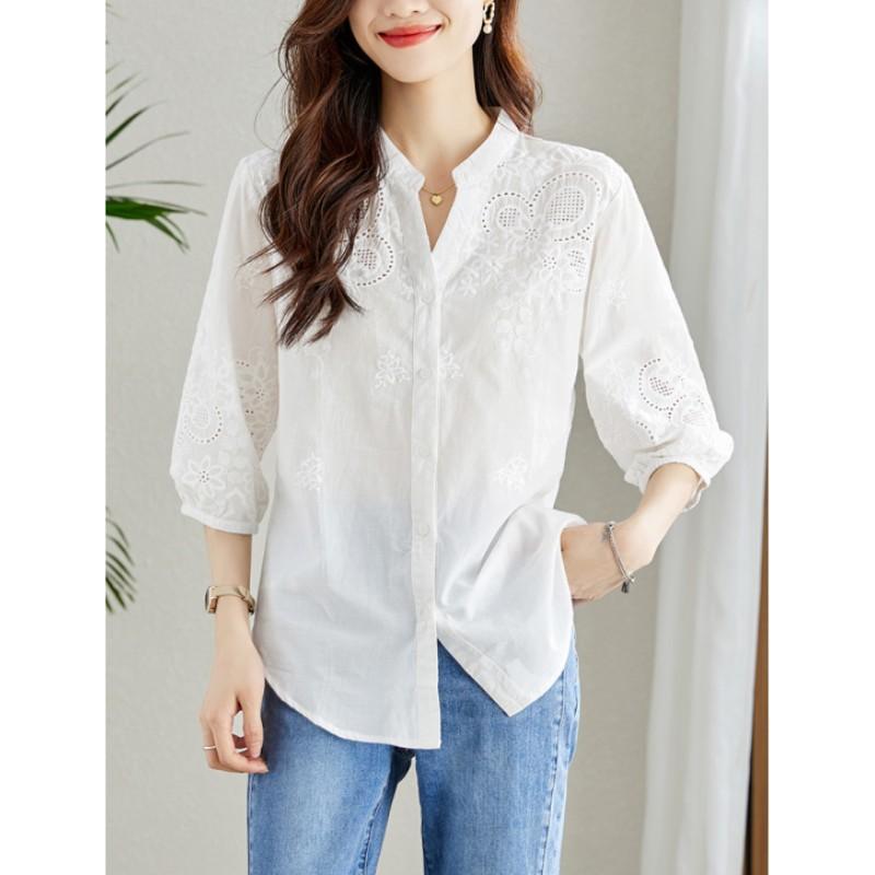 Women's Spring Collection V-Neck Three-Quarter Sleeve Blouse with Embroidered Lace-Up Detail