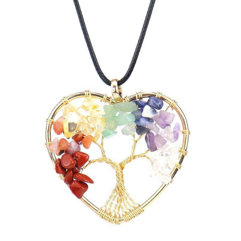 Color-Preserving Gold Hand-Wound Crystal Gravel Peach Heart Tree Of Life Necklace Heart-Shaped Pendant N55