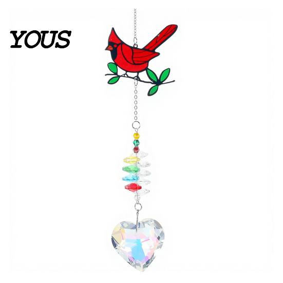 Weather Resistant Outdoor Decor Faux Crystal Red Bird Suncatcher with Chain, Window Hanging Ornament Colorful Bead for Home Prism Heart Pendant,