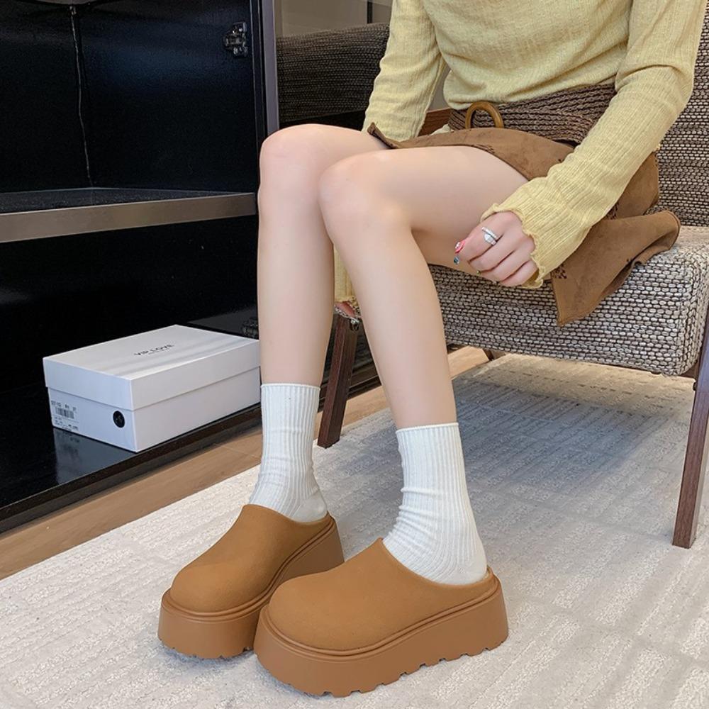 Women Fur Platform Half Slippers Woman Retro Suede Warm Shoes Autumn New Outdoor Design Thick-bottom Increase Cotton Slippers