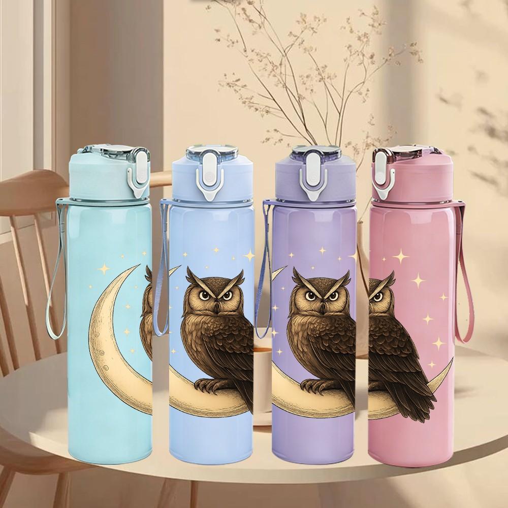 1PC Crescent Moon Owl Print 750ml Color Plastic Sports Water Bottle Leakproof Flip Straw Lid Suitable for Sports Office Home Use