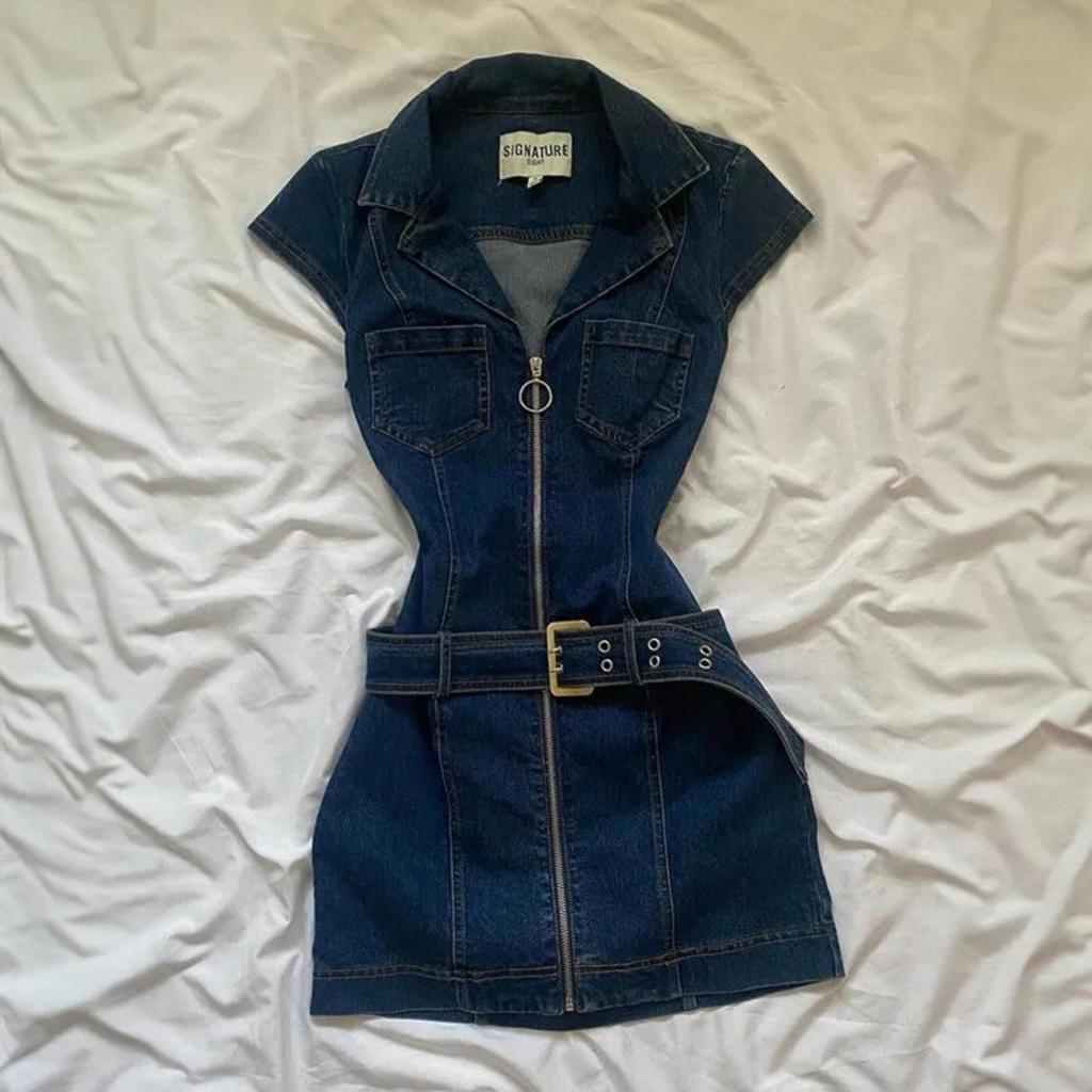 Abito in Denim da Donna a Maniche Corte con Collo a Polo Vita Alta Bodycon Midi Abiti Casual