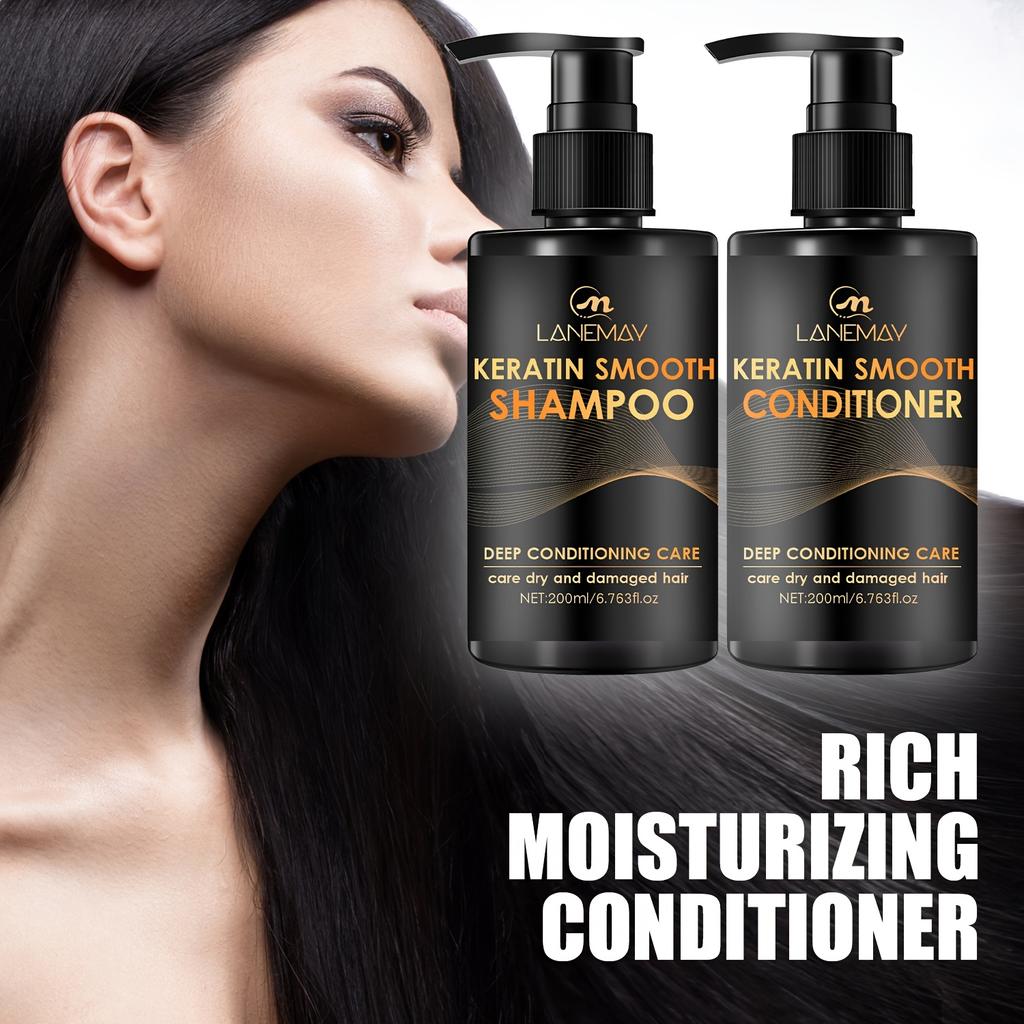 2pcs Keratin Smooth Shampoo and Conditioner Set - Moisturizes Hair & Scalp, Strengthens Hair, Prevents Breakage & Split Ends Deep Repair Shampoo Set