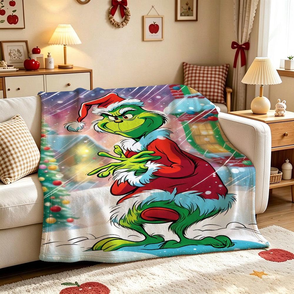 Ho Ho Ho Merry Grinch Christmas Theme Cartoon Flannel Blanket Soft Warm Throw Blanket For Office Sofa Lightweight Home Decor Memorial Gift