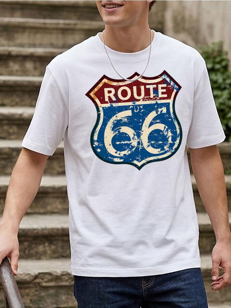 Men O Neck Tee Classic Vintage Route 66 Road Sign Print Cotton Short Sleeve Loose Summer Daily