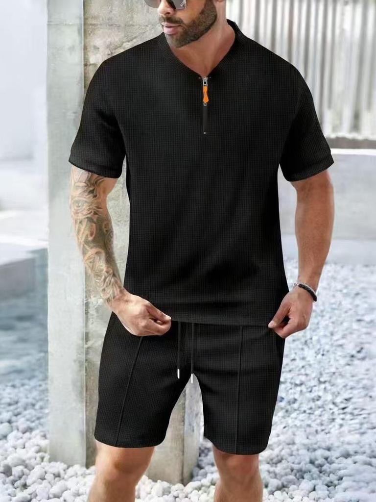 Cross-border Summer Waffle Stand Collar Zipper Solid Color Short-Sleeve Shorts Casual Outdoor Set