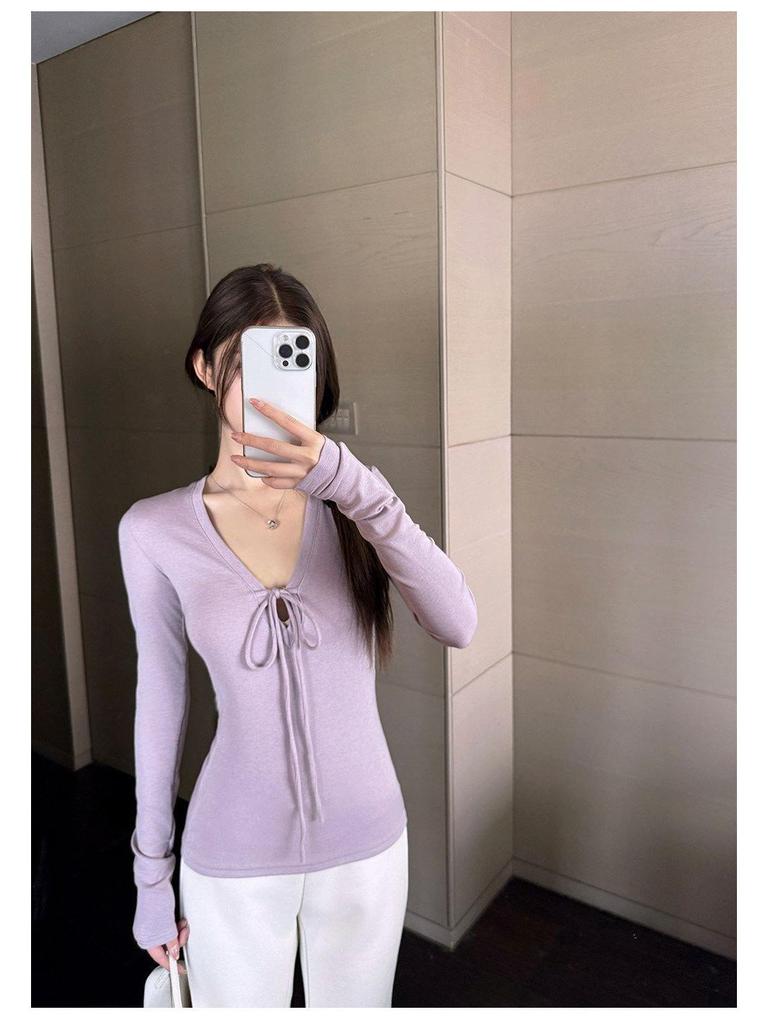 Spicy Girl V-neck Bow T-shirt: Women's Slim-Fit Long Sleeve Top for Early Spring