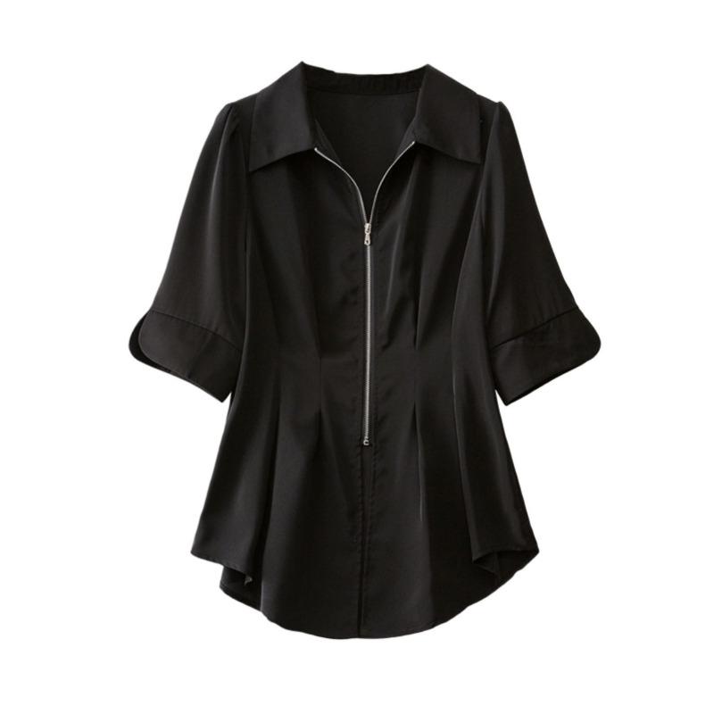 

Женская рубашка с короткими рукавами и асимметричной застежкой-молнией, блузка большого размера с узкой талией 4XL чёрный