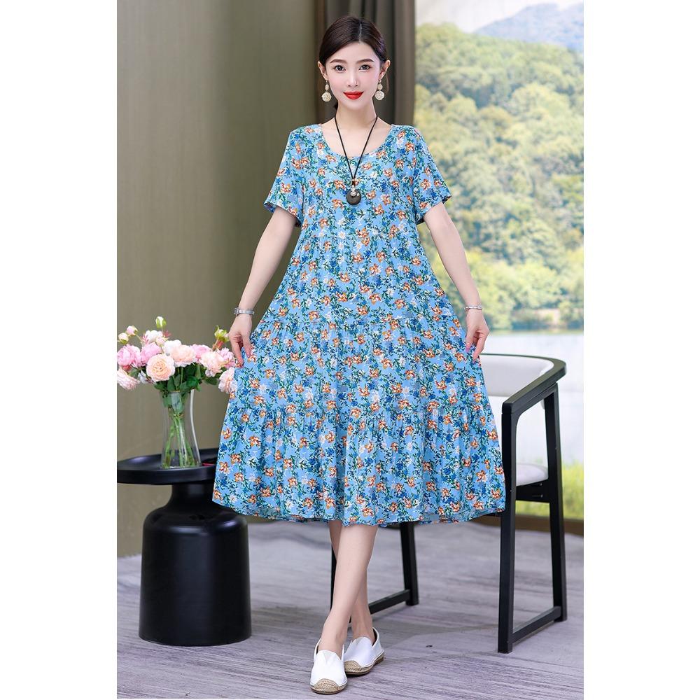 Summer Short-sleeved, Loose and Long Artificial Cotton Dress for Middle-aged and Elderly Women