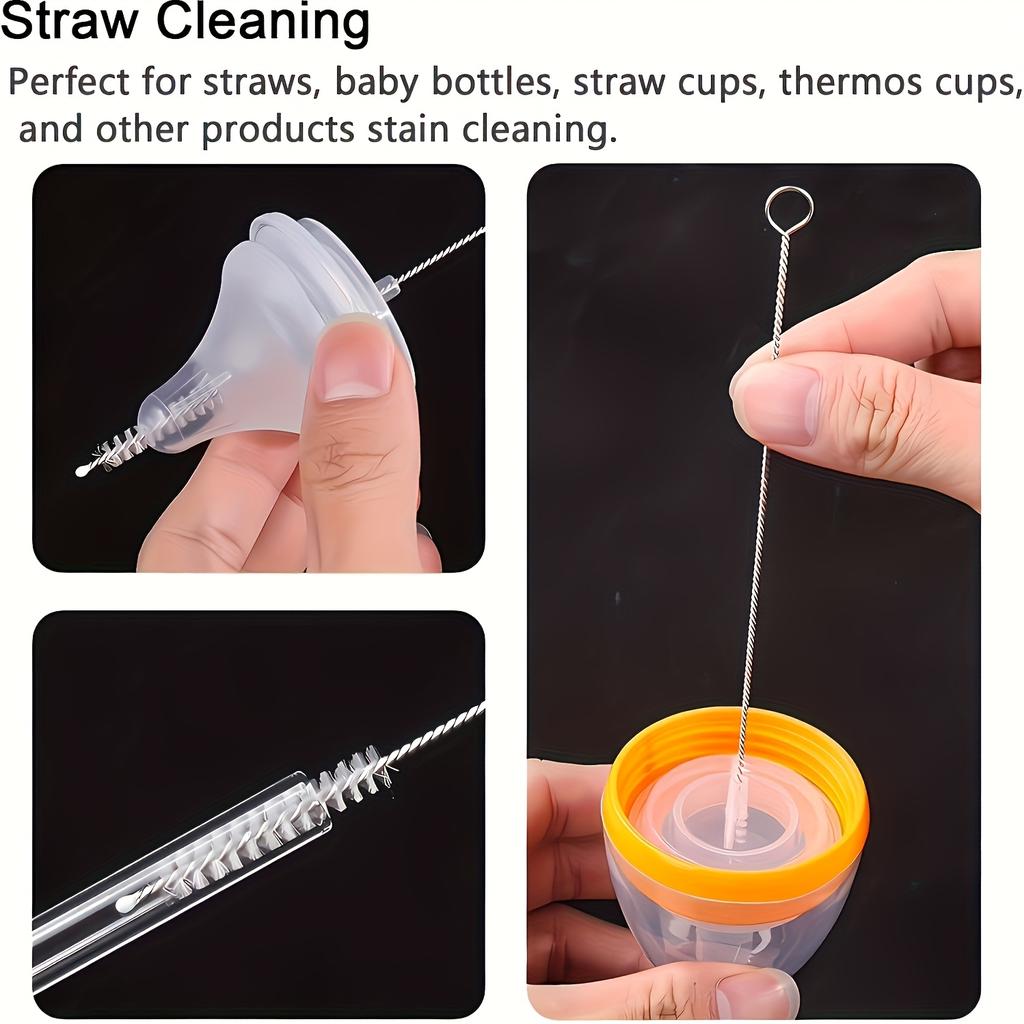 3 Pcs Reusable Soft Bristle Flexible Straw Cleaning Brushes for Cylindrical Tubes and Containers, 304 Stainless Steel Nylon