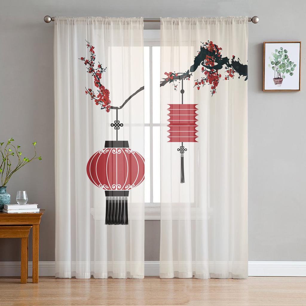 Lanterna Fiore di Pruno Tende Retrò in Garza Per Camera da Letto Bambini Schermo per Cucina Soggiorno Decorazioni per le Feste Tenda Voile