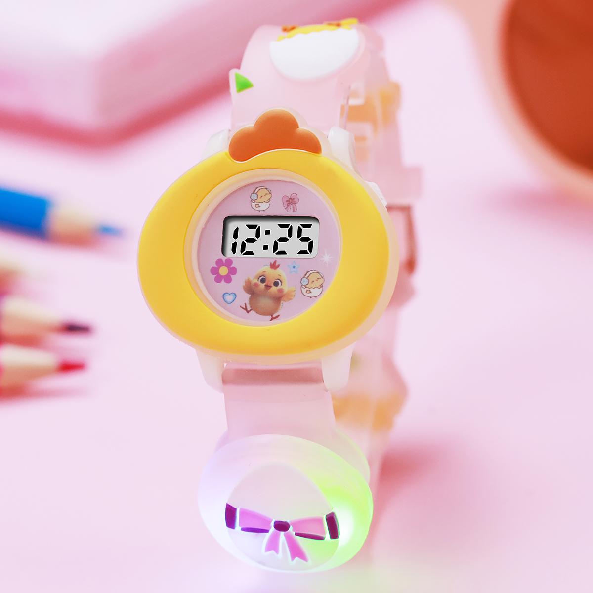 

Cute creative yellow chick-shaped luminous watch with strange and colorful electronic wrist watch, suitable for Christmas and Ha розовый