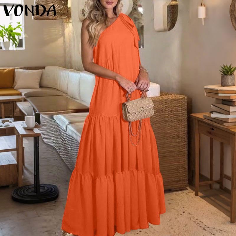 VONDA Damen One-Shoulder Bandage Ärmellos Party Plissee Maxi Kleid