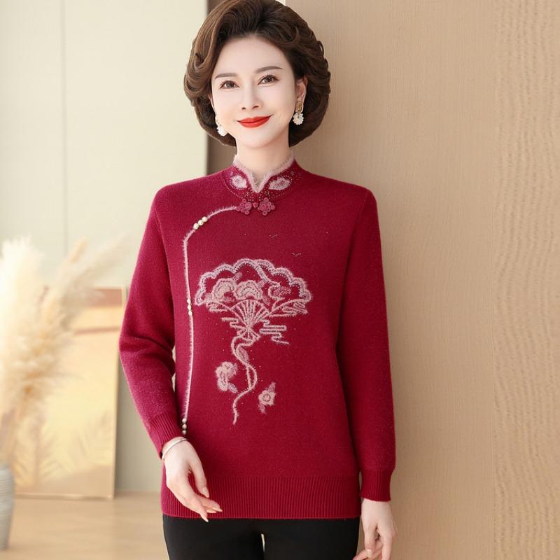 Mom's autumn and winter cheongsam collar sweater medium and old fleece bottoming shirt integrated mink fleece thickened women's bottoming shirt