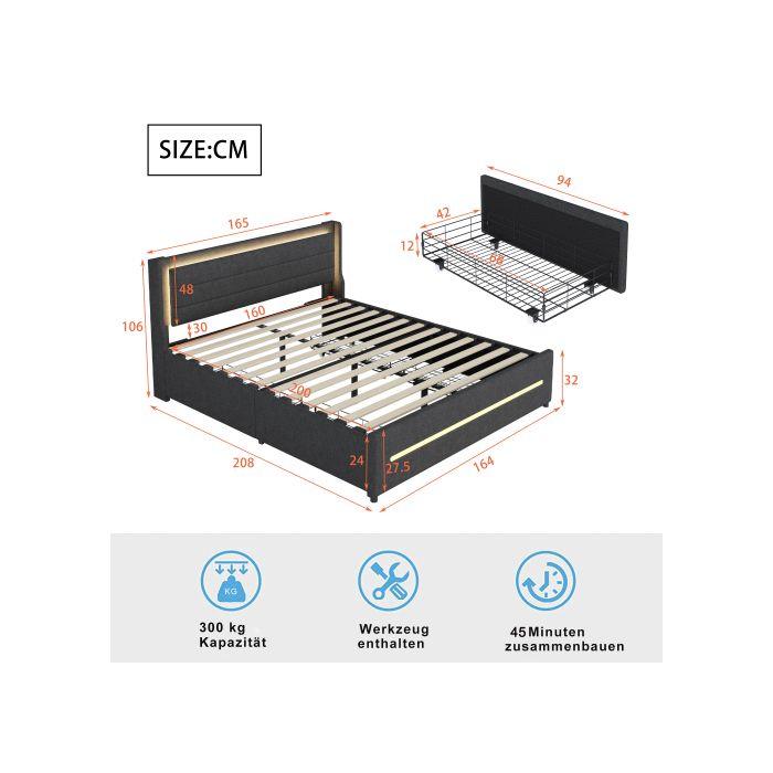 Lit Rembourré - MUVOE - 160x200 Cm - Éclairage LED - 4 Tiroirs De Rangement - Gris