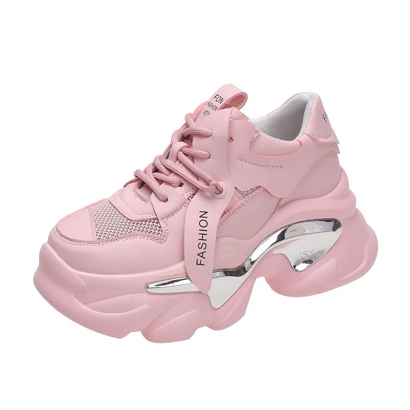 Summer Spring Women Lace-up Chunky Sneakers White Black 8CM High Platform Leather Shoes Breathable Casual Sport Dad Shoes