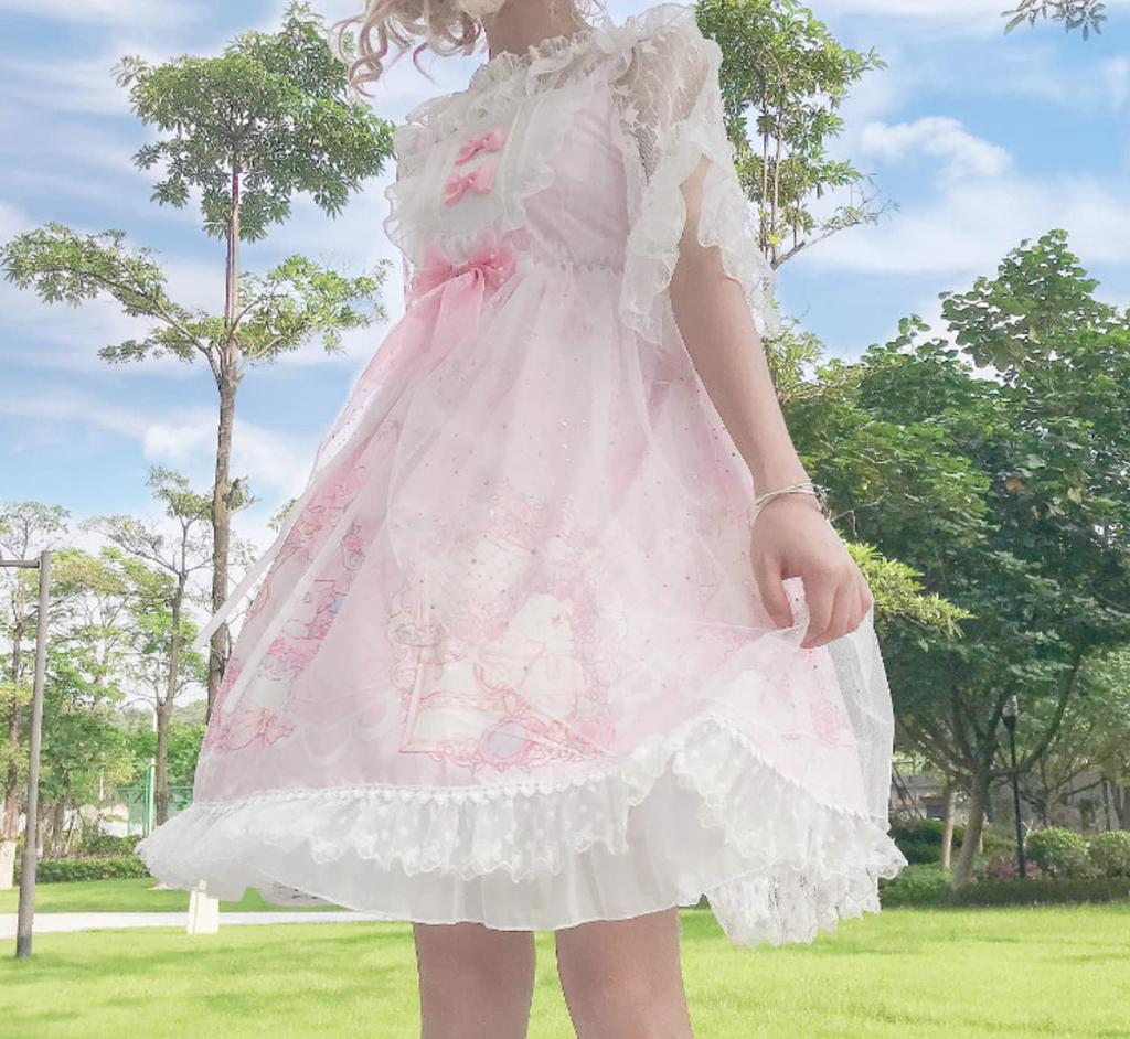 Lady Lazy Lolita Jumper Rock Cosplay Kleid, Knielang, Katzenmuster (Rosa)