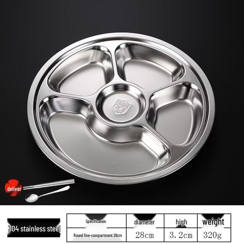 JingJingRS 28cm 5-Compartment Stainless Steel Kids Plate (10-Pack)