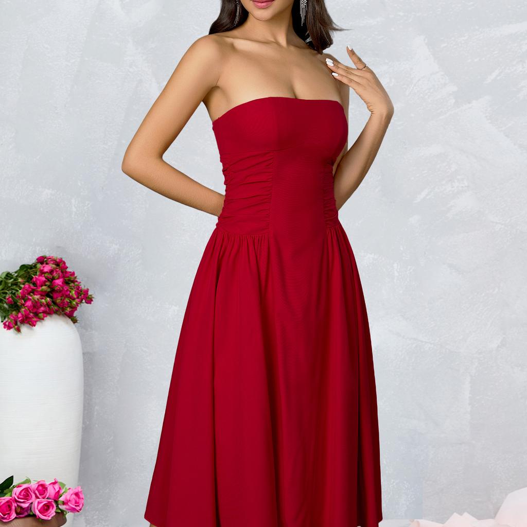 New Holiday Style Tube Top Solid Color Dress, Sexy Temperament Backless Slim A Word Medium and Long Dress Skirt
