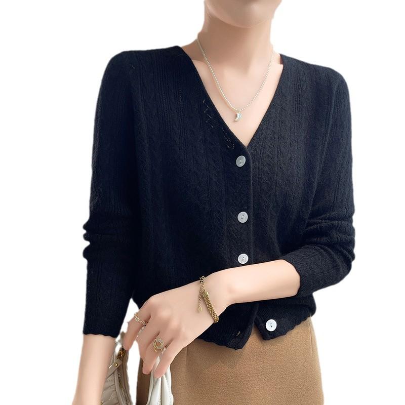Elegant Women's V-neck Cashmere Jacquard Cardigan - Soft Knitwear for Autumn & Winter