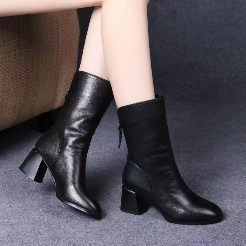 New Women Versatile Leather Boots Fashion Antislip High Heels Female Casual Comfortable Boot External Wear Trendy Shoes