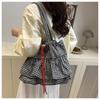 Women's Plaid Large Capacity Shoulder Bag Versatile Drawstring Simple Tote Bags Splicing Commuting Shopping Casual Underarm Bag