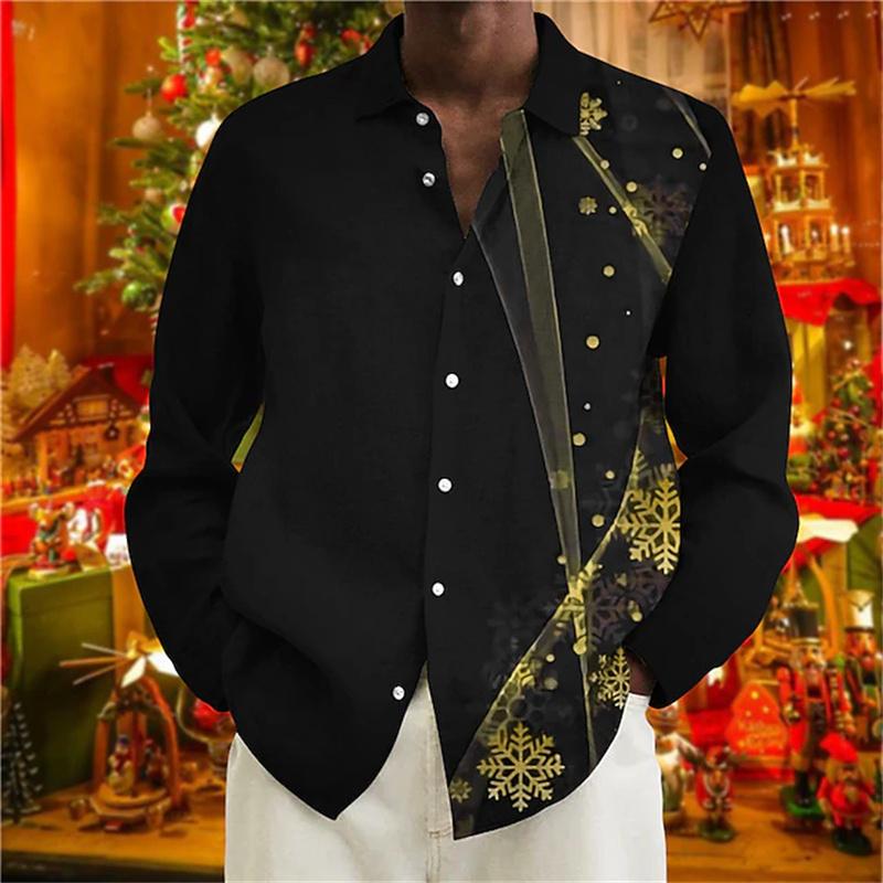 Christmas Men's Long-Sleeve Shirt, Red and White Color Block, Christmas Ball and Snowflake Pattern, Holiday Party Shirt