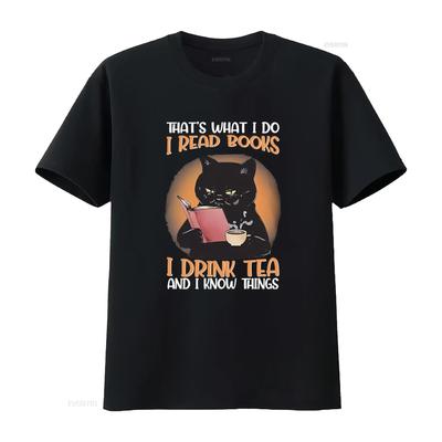 Black Cat Book Lover T Shirt Read Books Drink Tea Know Things Cozy Stylish Vintage Washed Comfortable Soft Casual Breathable