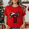 Christmas Alphabet Printed T-Shirt for Women Unisex Fashion Trendy Funny Casual Tops Santa Hat, Reindeer Graphic Tshirt T Shirt