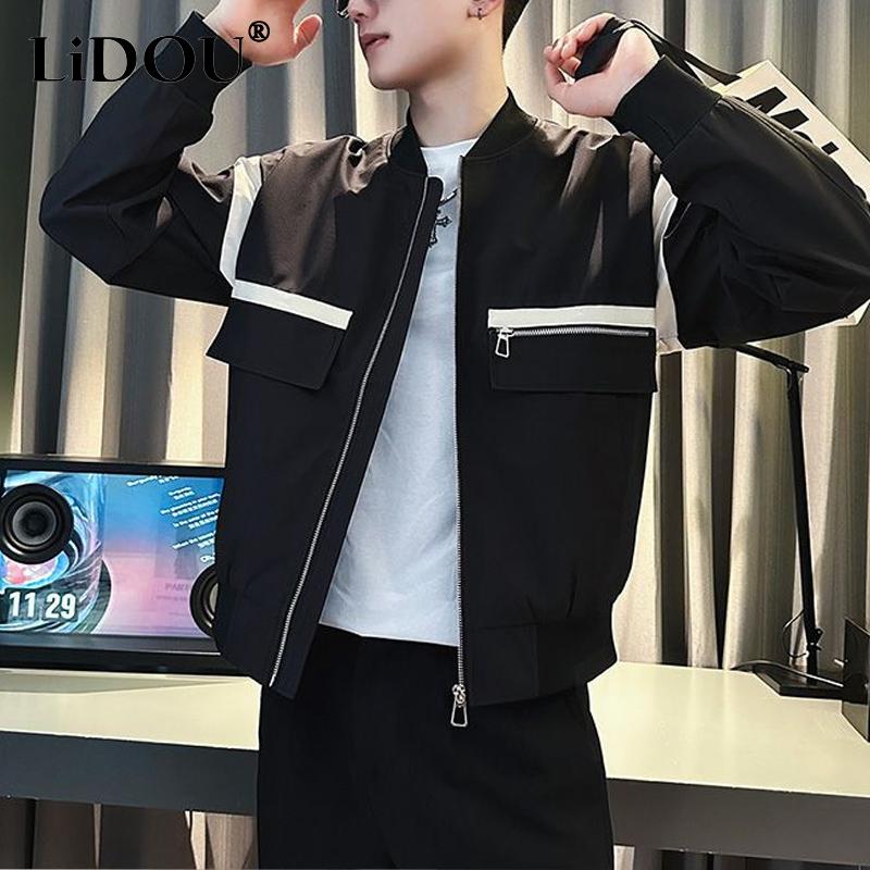 

Spring Autumn New Contrast Color Fashion Long Sleeve Jackets Man Loose High Street Zipper Pockets Korean Style All-match Outwear XXXL коричневий