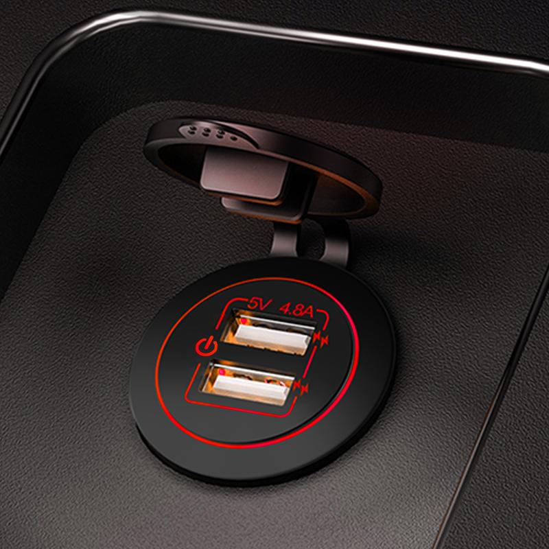 Car Dual USB Charger Smart 12-24V Touch Switch 5V 4.8A Output Mobile Phone GPS Fast Charging Motorcycle Waterproof Dustproof