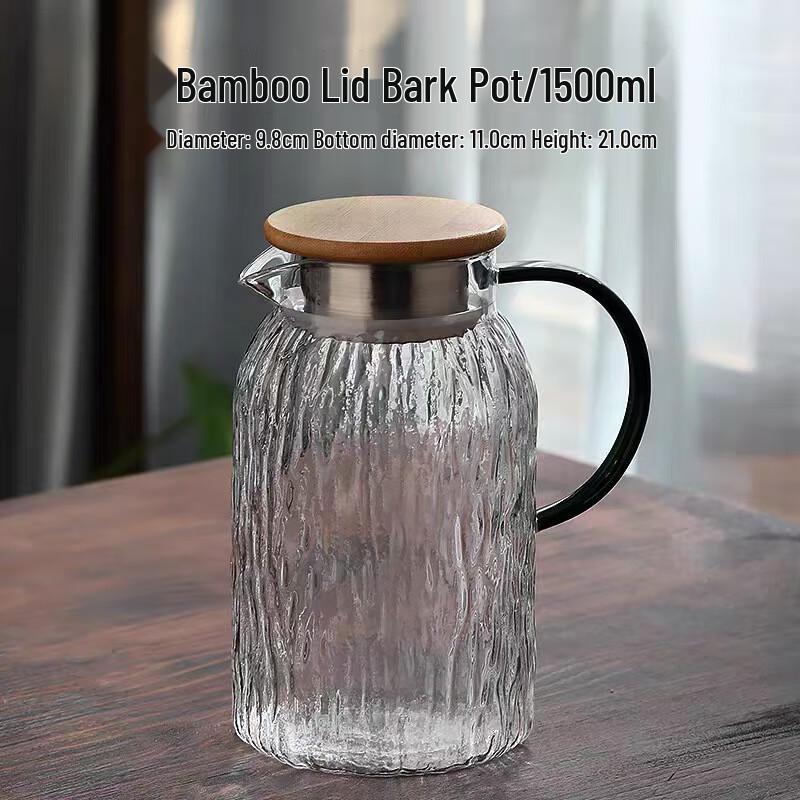 Bark Pattern Borosilicate Glass Water Pitcher 1.5L Flat Wooden Lid